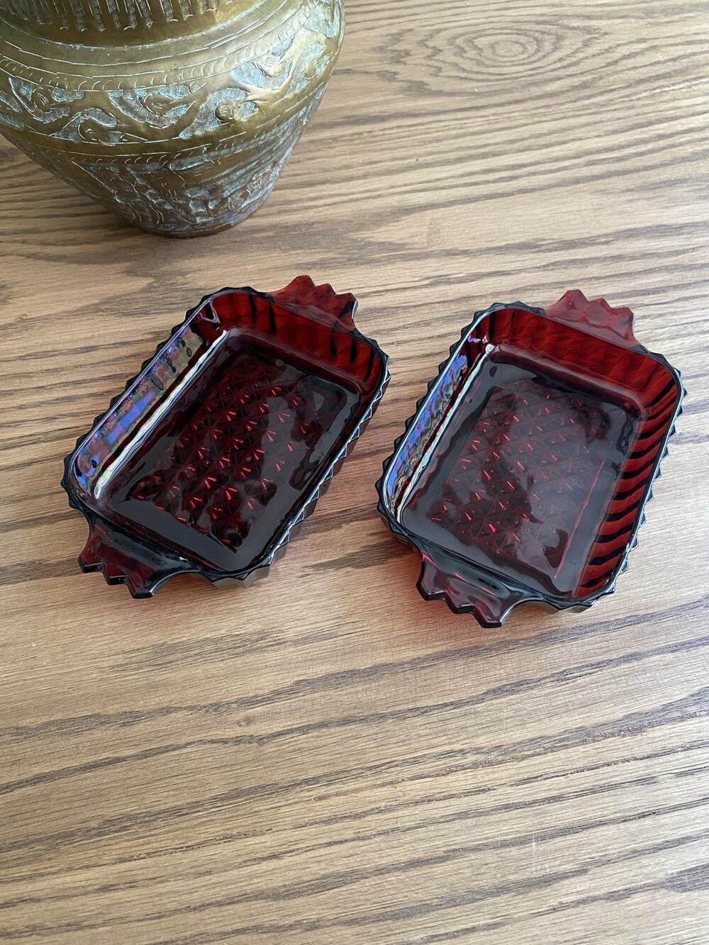 Vintage Anchor Hocking Royal Ruby Red Glass Relish Dish Starburst Set Of 2